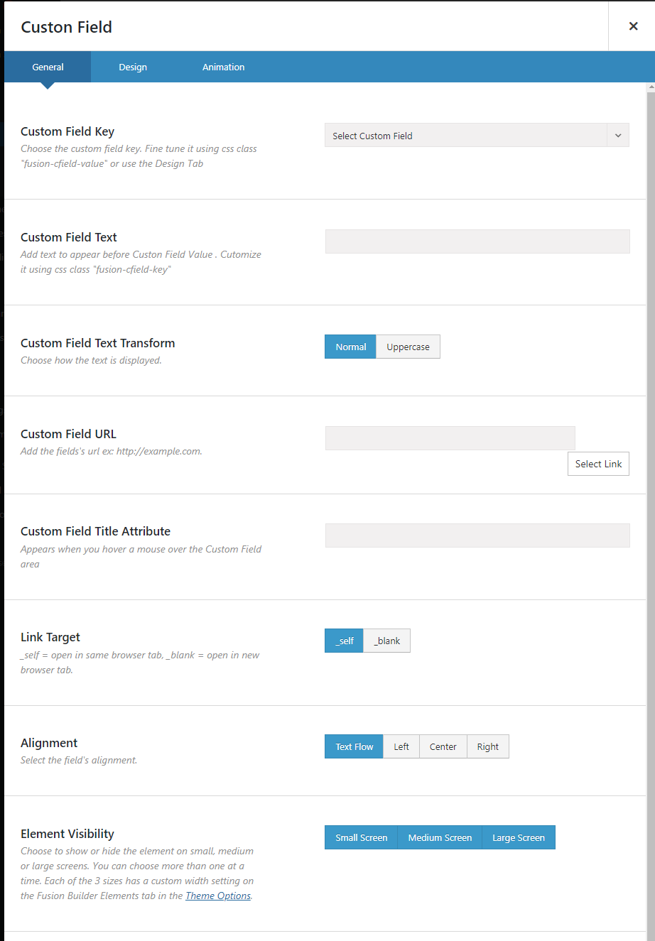 Custom Field element configuration options in the Avada Builder