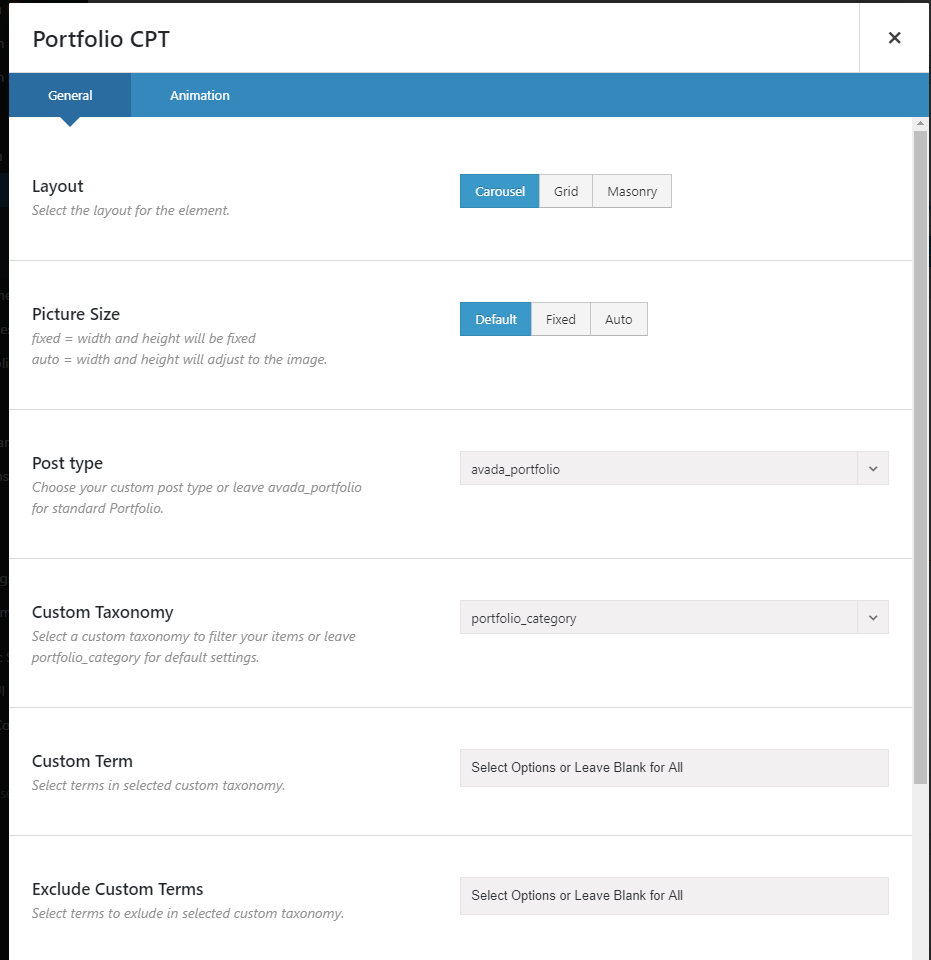 Portfolio CPT element options in the Avada Builder